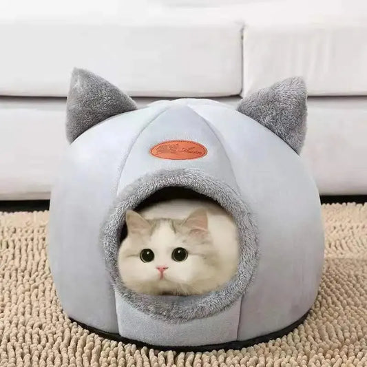 Warm Plush Cat House Bed – Semi-Closed Cozy Sleep Cave